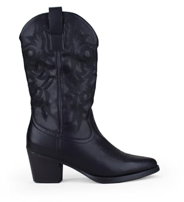BOSANOVA Bota Estilo Cowboy con Detalle de Costuras Decorativas a Tono en la caña, tacón de 5'5 cm y Cierre con Cremallera Lateral. Calzado para Mujer Negro 36