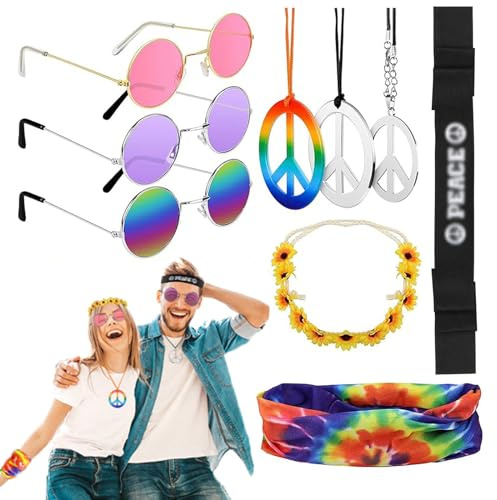 Hysagtek Hippie Accessoires 9 Stück - Hippie Kostüm Accessoires 70er Jahre Flower Power mit Peace Kette Sonnenbrille Stirnband - Boho Zubehör Karneval Retro Party Outfit