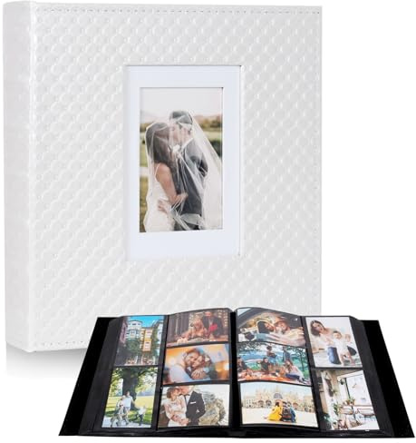 RECUTMS Large Capacity Photo Album 4x6, 600 Photos PU Leather Picture Album with Black Pages, Horizontal & Vertical Pockets, Clear Sleeves Memory Book for Family, Travel, Wedding & Gift (White)