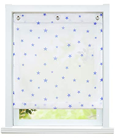 ESLIR Raffrollo ohne Bohren Raffgardinen mit Ösen Voile Gardinen Küche Transparent Ösenrollo mit Haken Sterne-Motiven Blau BxH 100x140cm 1 Stück