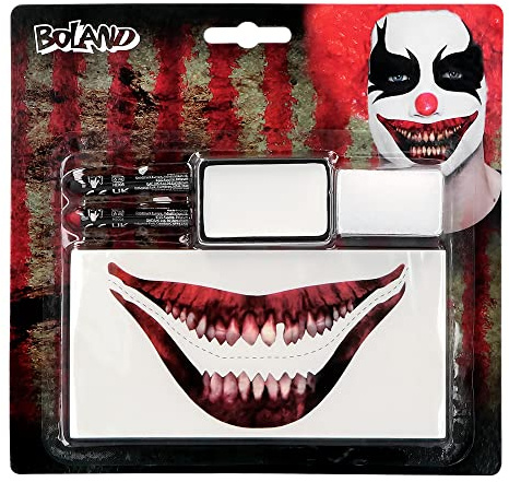 Boland 45098 - Schminkset Schrecklicher Clown, 1 selbstklebendes Mund-Tattoo, 1 Fettschminke, 2 Schminkstifte, 1 Schwamm, Schminke, Set, Make-Up, Evil Clown, Es, Halloween, Karneval, Mottoparty