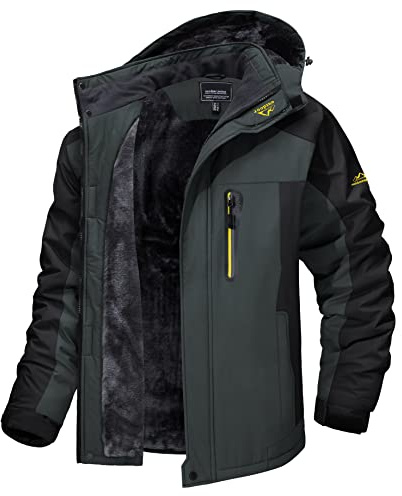 MAGCOMSEN Mens Waterproof Jackets Winter Thermal Parka Coats for Men Fleece Skiing Snowboard Jacket Men Multi Pockets Outdoor Work Rain Coats for Men Jacket Grey Black, M