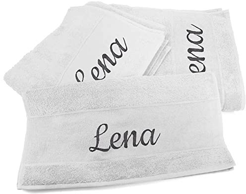 Handtücher 3er Set mit Namen oder Wunschtext bestickt - Farbe Weiß - 3 verschiedene Größen: 180 x 100 cm, 140 x 70 cm und 100 x 50 cm, personalisiertes Duschtuch - Badehandtuch, 100% Baumwolle