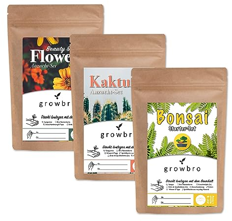 growbro - Geschenkset - Drei Bros für dich, Bonsai, Kaktus und essbare Blumen # Geschenke Gartenliebhaber # dankeschön geschenke klein