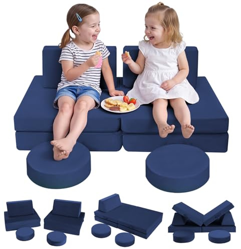 MeMoreCool Kids Play Couch Bed, Modular Toddler Sofa Chair for Playroom, 8-Piece Fold Out Baby Couch Play Set, Children Convertible Foam Sofa for Girls Boys, Navy Blue