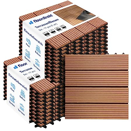 Floordirekt WPC Fliesen 30x30 cm, 2m² = 22 Terrassenfliesen, Klickfliesen, Balkonfliesen in Holzoptik - Bodenbelag für Balkon & Terrasse - wetterfest mit Drainagefunktion | Hellbraun | Royal