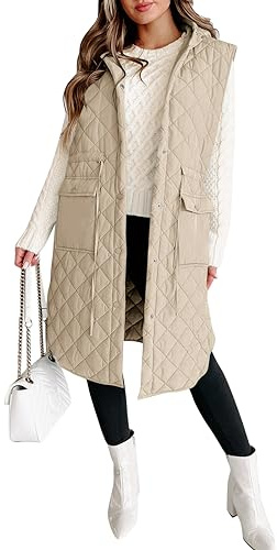 Tankaneo Women's Long Puffer Vest Sleeveless Hood Quilted Winter Outwear Warm Jackets Coats