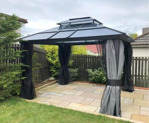 Garden Canopy Gazebo Large Hot Tub Metal Aluminium Structure Outdoor Pergola Patio Curtain Net Shelter Hardtop Roof Heavy Duty Awning Party Shed (3x3.6m)