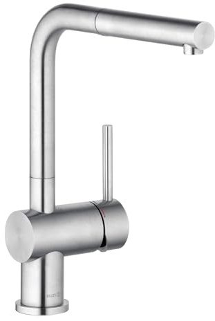 KLUDI L-STEEL Wasserhahn Küche mit 180° schwenkbarem Auslauf, Küchenarmatur ausziehbar mit Auslaufhöhe von 27 cm, Armatur Küche mit Brause - 1 Strahlart, Mischbatterie Küche in gebürstetem Edelstahl