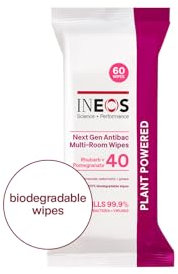 INEOS Next-Gen Antibac Multi-Room Disinfectant Biodegradable 60 Wipes, Rhubarb + Pomegranate, Kills 99.9% of Bacteria + Viruses, Plant Powered, Packaging May Vary