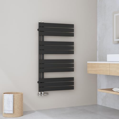 EMKE Handtuchheizkörper Flach 1320x600 mm, Badheizkörper Handtuchhalter mit Seitenanschluss, Effizienter Handtuchwärmer Handtuchtrockner Bad Heizkörper, Schwarz, 798W