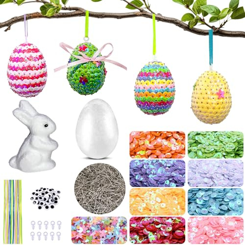 Ostern Basteln Kinder, 25 Styroporeier Osterhase Bastelset Ostern, Ostereier zum Aufhängen und Bemalen, Plastikeier Styropor Eier zum Basteln mit Bunte Pailetten Stecknadeln, Ostergeschenke Kinder