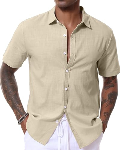 LVCBL Herren Sommer Freizeithemd Kurzarm Leinenhemd Leichtes Urlaubshemd Khaki 3XL