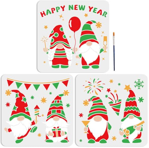 MAYJOYDIY 3 Stück Neujahrs Zwerg Schablone 30×30cm Wiederverwendbare Weihnachts Zwerg Schablonen Feuerwerk Schneeflocken Vorlage Mit Pinsel Zum Basteln Holz Wand Heimdekoration