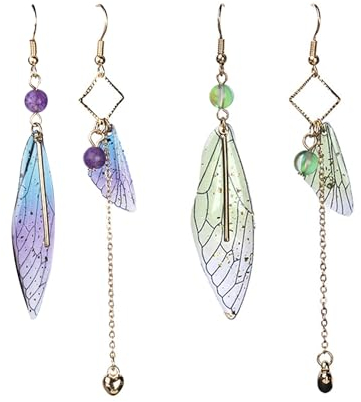 2 Paar Asymmetrische Baumelnde Ohrringe, Libellenflügel-Haken-Dang-Ohrringe, Ohrschmuck-Zubehör, Karneval-Schmetterlings-Ohrringe(Lila, Blaugrün).