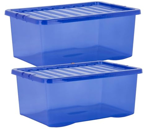 Pemienterprize Ltd (Set of 2) 45L Plastic Storage Container with Lid Shelf Organiser Stackable Nestable Toys Shoes Stationery Equipment Storage for Office Home Garage Garden Kitchen (Spectrum Blue)