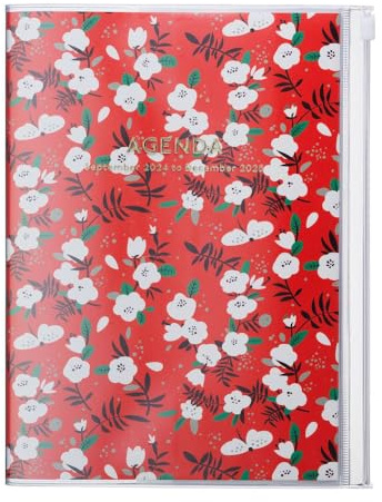 MARK'S 2024/2025 Taschenkalender A5 vertikal, Flower Pattern, Red: Von September 2024 bis Dezember 2025
