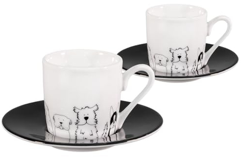 tea4chill Könitz Espresso Tassen Set Funny Dogs. 2 Kaffeetassen 65ml aus Porzellan. Espressotassen modern, schwarz-weiß