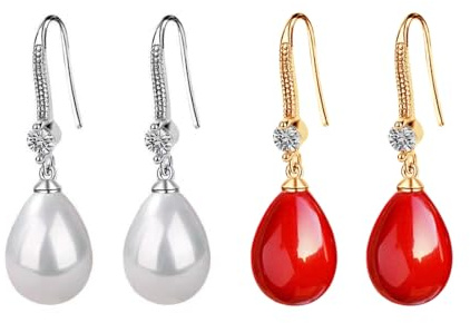 Perlen Ohrringe, 2 Paar Damen Perlenohrringe Waterdrop Ohrhänger, Rot Wassertropfen und Österreichischen Zirkonia-Kristalldiamanten Hängende Tropfen Ohrringe, Button Weiß Süßwasser Perlen Ohrringe