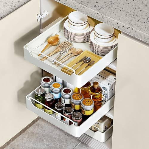 PUWOWYE Teleskopschublade, Ausziehbare Schublade Küche, Schrank Organizer Aufbewahrungsregale für Küchenschränke, Wohnzimmer, Home (30 cm B x 43 cm T x 7 cm H), Kein Bohren, Weiß
