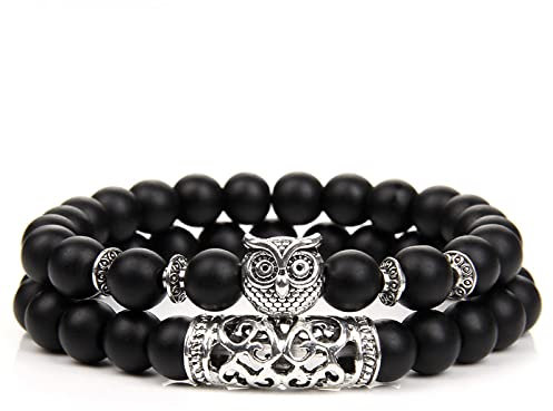 Boho Armbänder,2 Stück/Set Klassisches Eulen Charm Armband,Naturstein,Tigerauge,Lava,Aquamarin,Rosa Zebra Armbänder Set,Mehrschichtiges Armband für Damen und Herren,Yoga Armreif,Mattschwarzer Onyx