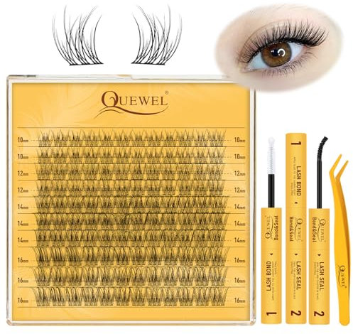 QUEWEL Wimpern-Extensions 120Stk natürliche Einzelne-Wimpern, zartes Lash-Extension-Set 10–16 mm, Cluster-Lashes mit Wimpernkleber und Pinzette, einfach Selbermachen zu Hause (Feder 02)
