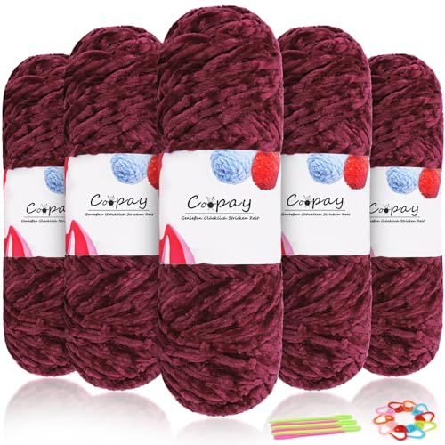 Coopay Lana di ciniglia in velluto per uncinetto, 500 g (5 x 100 g) di velluto di ciniglia, spessa per lavorare a maglia, morbida lana di ciniglia con accessori all'uncinetto, per sciarpe, coperte