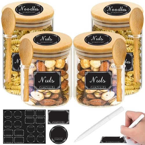 Comfivibe Bocaux en verre, Bocal en verre avec couvercle, 750ml/550ml, 4 Pot epices verre Avec 4 cuillères, Avec 1 marqueur & 16 Autocollants pour étiquettes, Pour épices, thés, noix, graines etc
