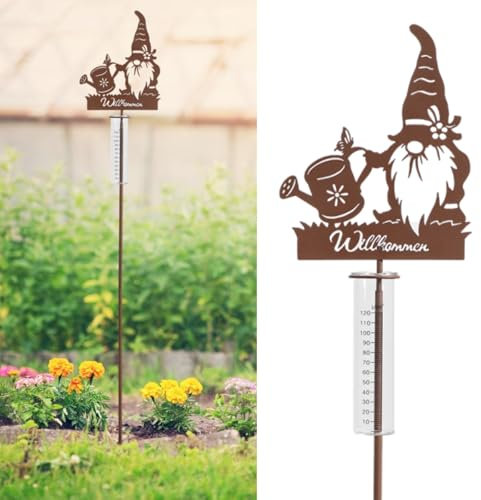 JUJOYBD Regenmesser für Garten Dekorativer Niederschlagsmesser mit Erdspieß, Regenwassermesser Glas auf Gartenstecker, Willkommensschild & Zwerg Motiv, H100cm