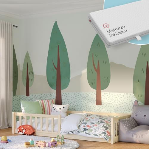 Bellabino Vere Bodenbett 90x200 cm, Massivholz Kiefer, mit Matratze, Natur | Montessori Kinderbett mit Rausfallschutz & Lattenrost, Massivholzbett für Jungen & Mädchen aus Holz Kiefer, Kleinkindbett