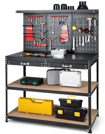 GYMAX Banco da Lavoro con Pannello Forato, Tavolo da Lavoro con 2 Cassetti, 3 Ripiani e 25 Accessori Appesi, Banco da Lavoro Pesante per Garage, Officina, Capacità di Carico di 435 Kg