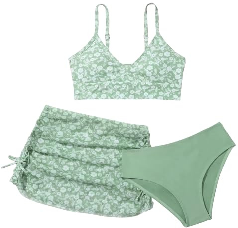 SEAUR Costume da Bagno Tre Pezzi Ragazze Costume da Bagno Regolabile Bikini Triangolo Bambina Gonna da Bagno Verde 8-9 Anni