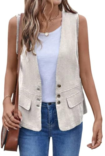 IDEALSANXUN Linen Vest Women 2026 Spring Summer Casual Lightweight Button Down Sleeveless Blazer Jackets Cardigan Waistcoat Cotton Vest Tops, Beige, M