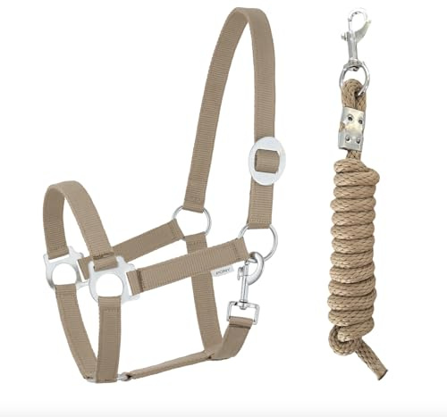 Halfter Führstrick Set mit Karabinerhaken verstellbar Pferdehalfter Pferd Holzpferd Anbindestrick (Karabinerhaken Khaki, Pony)