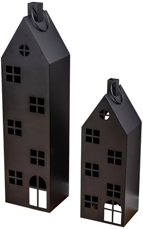 levandeo Uppsättning av 2 lyktor hus H 65–95 cm metall svart dekoration lykta industriell stil ljus ljusstake ljusdekoration