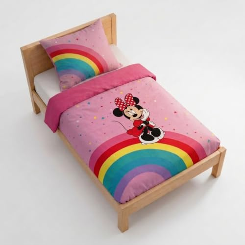 Disney Minnie Mouse Rainbow 100% Baumwolle Einzelbett-Bettbezug-Set – Enthält Kissenbezug 80 x 80 cm