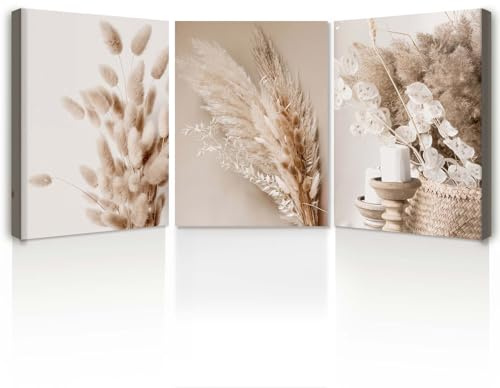 Galmcook Wandbilder Wohnzimmer 3er Set – Leinwand Bilder Beige Trockenblumen mit Rahmen, moderne Kunstdrucke 30x40 cm für Schlafzimmer, Flur oder Büro, Wanddeko mit Haken & spurlosen Nägeln