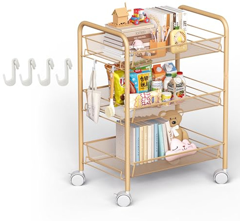 maxplore Carrello a rotelle in metallo a 3 piani, carrello da cucina con manici, ruote bloccabili, per soggiorno, bagno, cucina, ufficio, arancione