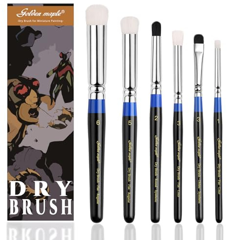 Golden Maple Drybrush Pinsel Set für Miniaturen & Modellbau, 6PC Ziegenhaar | Kuppelförmige Spitze, ergonomischer Rundgriff – Detail‑ & Flächen‑Trockenbürsten für Tabletop Figuren und Modelle, Blau