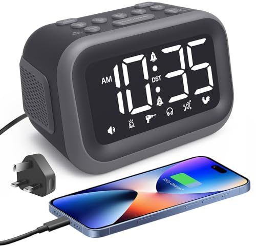 Venchin 115dB Super Loud Alarm Clock for Heavy Sleepers, Mains Powered | Digital Alarm Clocks Bedside, Brightness/Volume Control, USB Port, 2 Alarm, Snooze, 12H/24H DST, LED Display (Incl. Adapter)