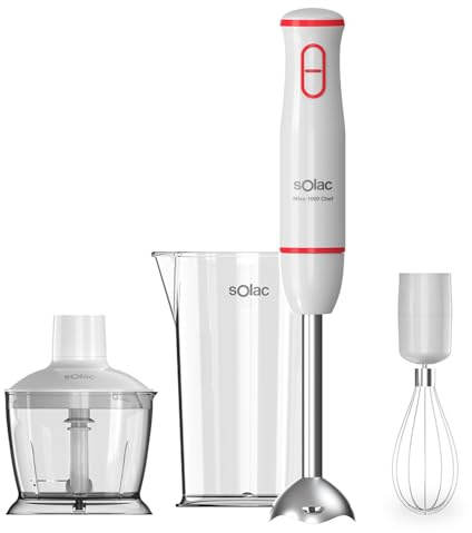 Solac - Batidora de mano 1000W de potencia | Con vaso medidor, picadora y emulsionador | 2 cuchillas de acero inoxdable para purés, cremas y salsas | Apto para lavavajillas