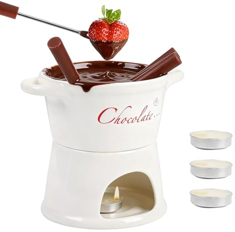 BlyeMichdi Set de Fondue de Chocolate, Fondue de Cerámica para Derretir Chocolate con 4 Vela y 4 Tenedores, 300ml Fondues de Queso y Chocolate para Reuniones Familiares y Fiestas, Blanco