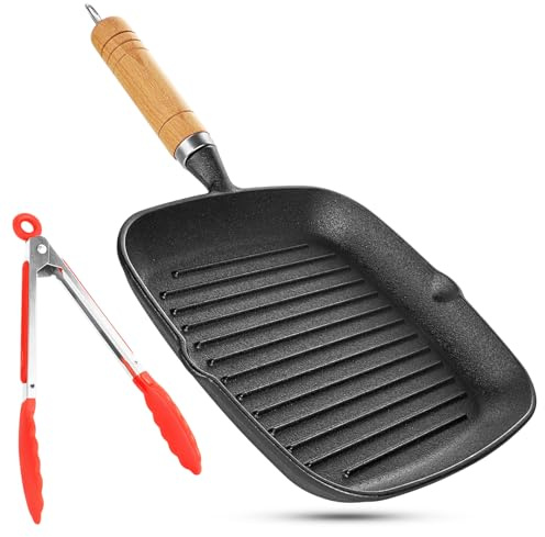 Hioph Cast Iron Square Griddle Pan, Grill Pan for All Hobs, 22cm Steak Pan with Tipping Spout, Suitable for Induction, Gas, and Camping Stoves, Detachable Handle, Red Silicone Steak Tongs,Oven Usable