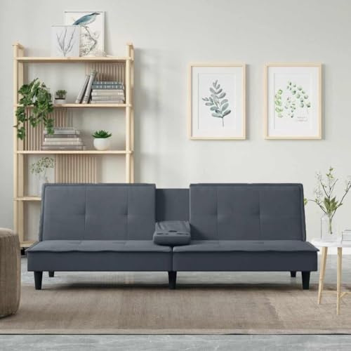 SKTQYQO Sofá cama de terciopelo gris oscuro con mesa plegable, portavasos y puertos USB, respaldo ajustable en 3 posiciones, estructura estable de madera contrachapada, cómodo