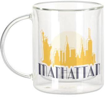 Fabulous Dubbelväggig glasmugg - Manhattan New York USA lyx vintage stil - kaffekopp och isolerad 330 ml hängande effekt mot buller, tryck i Frankrike