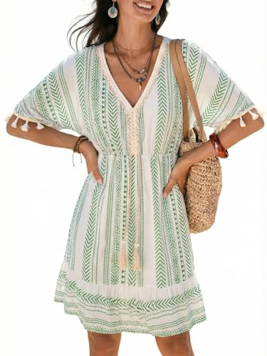 CUPSHE Vestido de verano para mujer, cuello en V, manga corta, cachemira, bohemio, casual, vestido de verano para vacaciones, playa, mini vestido
