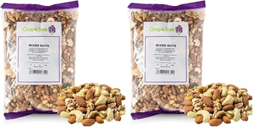 Grape Tree Mixed Nuts 1kg Raw & Unsalted Almonds, Walnuts, Cashews, Peanuts. Nutritious Vegan, Keto Friendly Snack Mix. Selection of Raw Mixed Nuts For Snacking (Pack of 2)