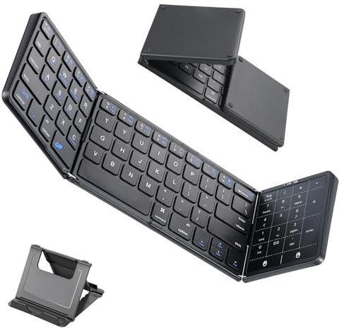 Jaxiyun Faltbare Tastatur mit Touchpad, Mini Bluetooth Tastatur Kabellos Leise mit Ziffernblock, Wiederaufladbare Portable Keyboard für Android, Windows und iOS Smartphones, QWERTY Layout