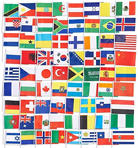 Juvale Country Flags of the World - 7.5 x 5.2 In Assorted Polyester 72-Pack on 12.1 In Poles - World Mini Flags Bundle