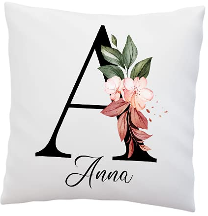 LIEBTASTISCH Personalisiertes Namens-Kissen - mit Ihrem Anfangsbuchstaben und Namen - Blumen Motiv - Deko Kissen Weiß 40x40 (mit Kissen)